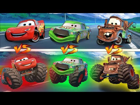MONSTER LIGHTNING MCQUEEN,  TOW MATER, Chick HICKS vs NORMAL PIXAR CARS in BeamNG.drive!
