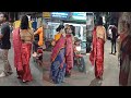 Satin Red Saree Wearing On Road Back Open Blouse Fashion Show Bong Beauty Chaitali Backpose Navel