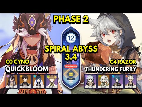 3.4 Spiral Abyss Floor 12 9 Stars C0 CYNO QUICKBLOOM & C4 RAZOR THUNDERING FURRY - Genshin Impact
