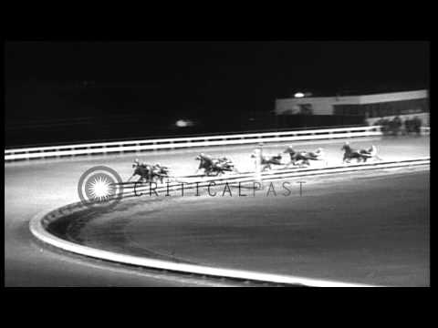 Pacers compete in harness race on Yonkers Raceway, New York, at end of 1958 seaso...HD Stock Footage