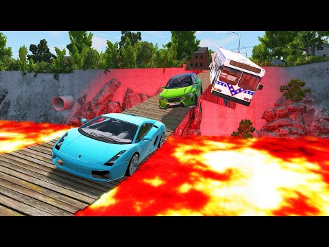 Cars VS Lava River And Suspension Bridge | BeamNG Drive