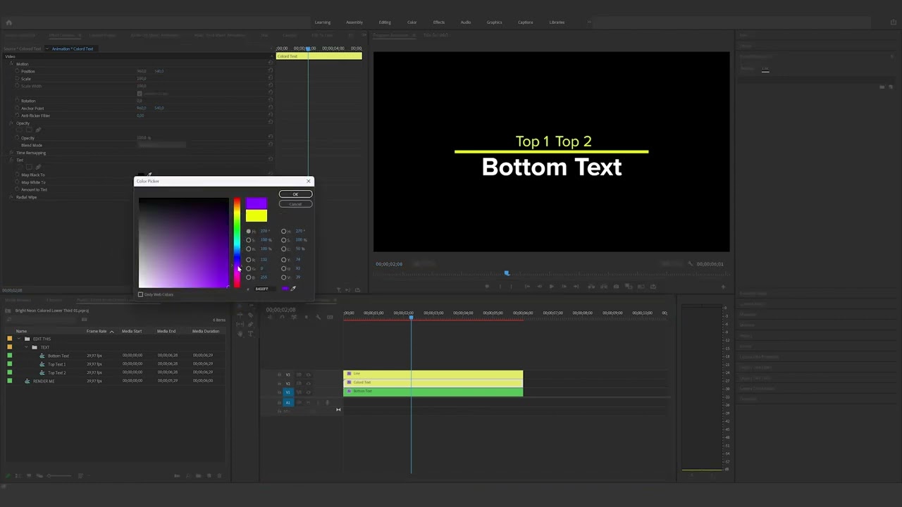 How to edit the Bright Neon Colored Lower Third 01 in Premiere Pro