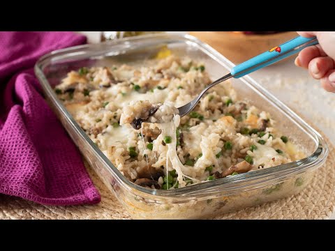 RISO AL FORNO CON FUNGHI E PISELLI sfizioso e super filante