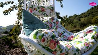 Závesné kreslo, kov biely, látka vzor kvety, KALEA 2 NEW