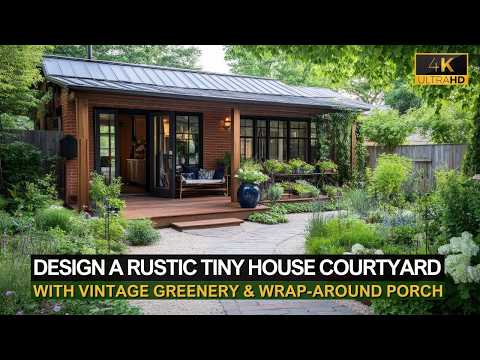 Design a Rustic Tiny House Courtyard with Vintage Greenery & Wrap-Around Porch