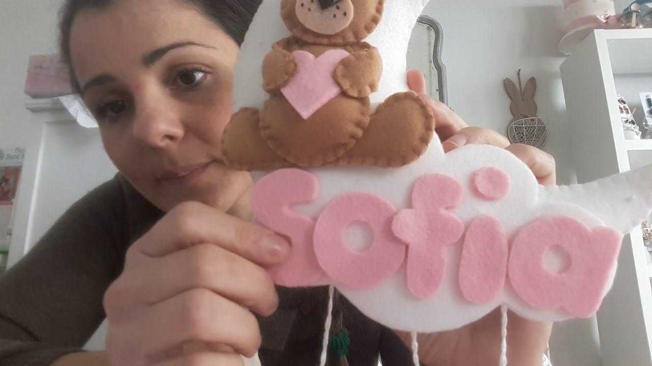 Tutorial fiocco nascita luna con orsetto nuvola e cuori pendenti in feltro e pannolenci