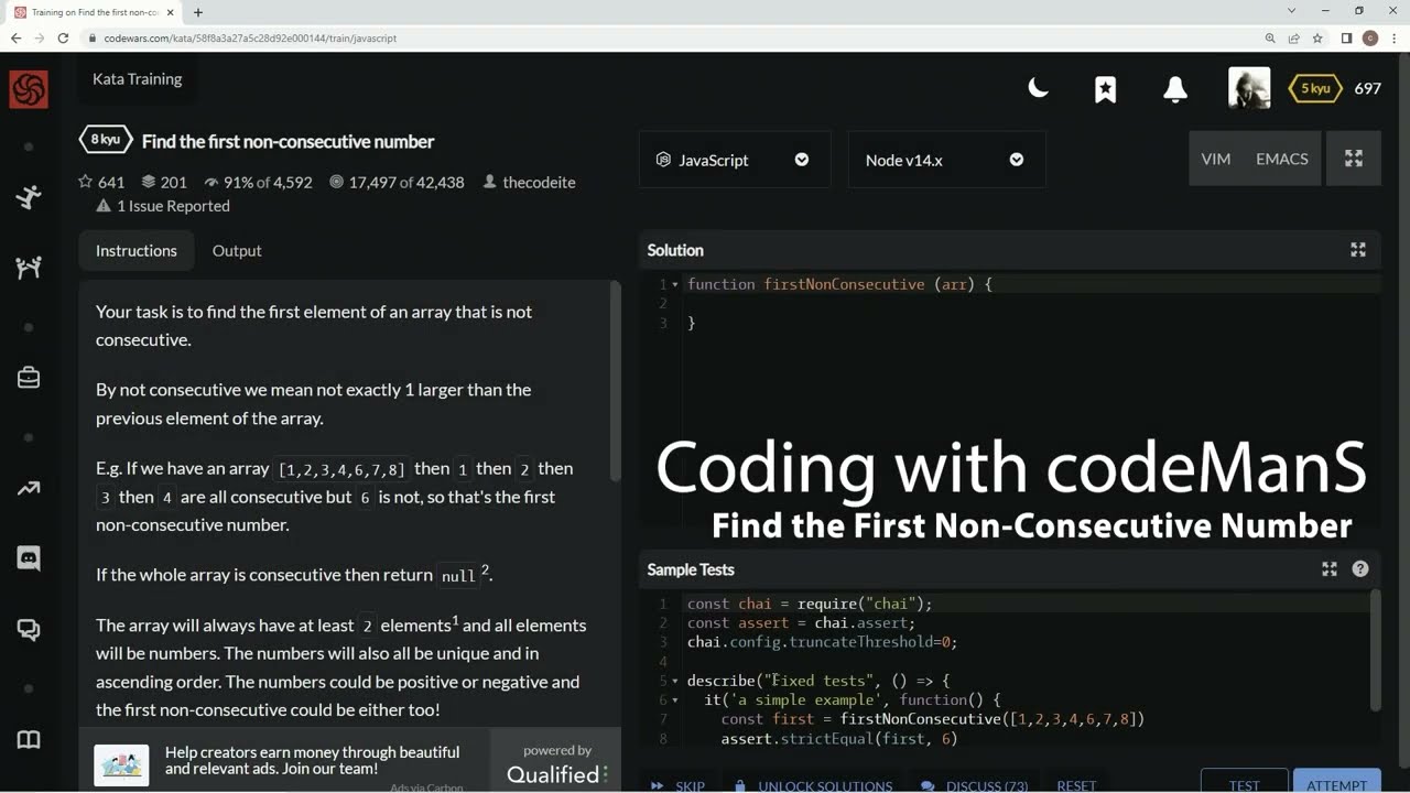 Codewars 8 kyu Find the First Non-Consecutive Number Javascript
