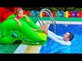 Swimming for the First Time! Kids Pool and Plays with Fun Water Toys