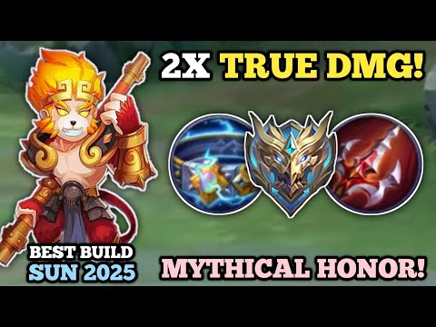 SEMI TANK SUN, DOUBLE TRUE DAMAGE HACK! (mythical honor!👍) SUN BEST BUILD 2025 -MLBB