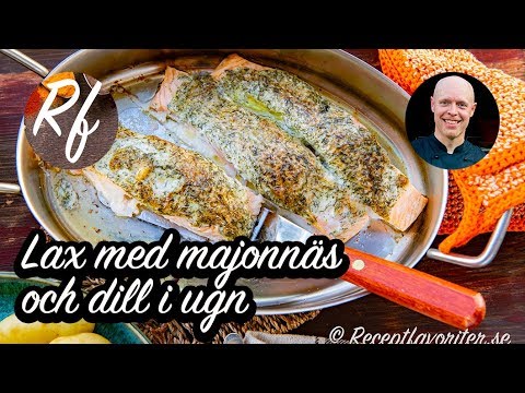 Lax med majonnäs och dill i ugn. Gott, lättlagat och barnvänligt med valfria tillbehör som förslagsvis kokt potatis, ärtor, citron och en kall dillsås. >