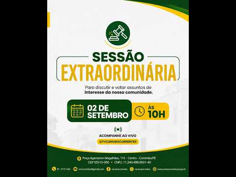 #Live Sessão Extraordinária do 4° Período Legislativo da Câmara Municipal de Correntes/PE - 02-09-26