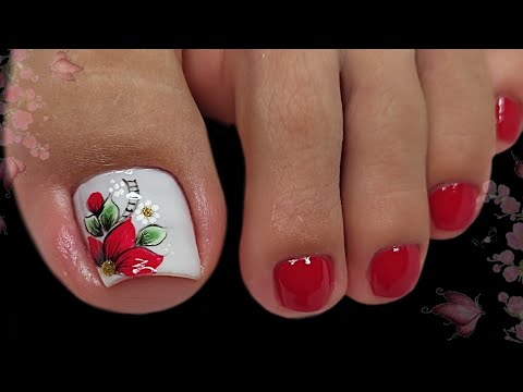 DISEÑO DE UÑAS CON FLORES ROJAS 🌺🦶💅😍|UÑAS PARA PIES 🦶