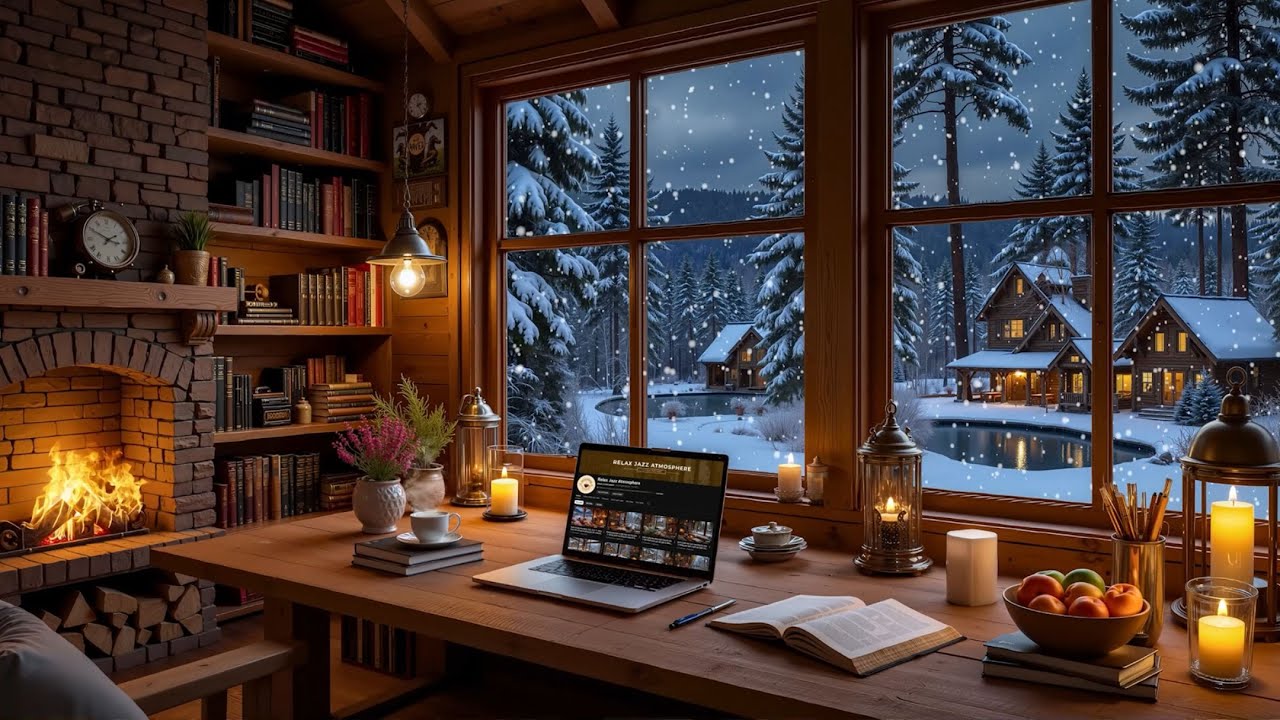 Cozy Winter Coffeehouse ☕ Soft Jazz Piano & Fireplace Sounds for Focus, Work & Chill