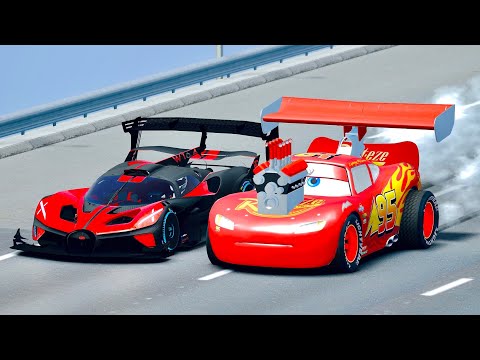 Lightning McQueen Dragster vs Bugatti Bolide GTR Concept MEGA Drag Race at 24 KM Straight Road