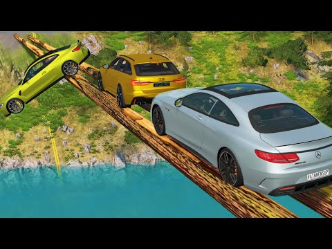 Racers cannot cross the LONG log bridge | Cars vs Deep Water - BeamNG Drive