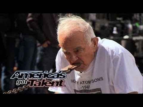 Mighty Atom Jr.: 93-Year-Old Strongman Pulls Car With Teeth -Americas Got Talent 2014-Re