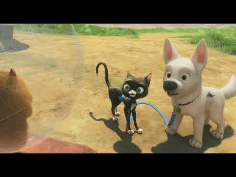 Disney’s Bolt (2008) official trailer still—Bolt, Mittens, and Rhino on the road at dusk