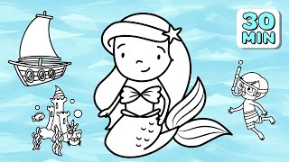 30 Minutes of Relaxing & Fun Beach Coloring Pages | Ocean & Sea Animals 🌊