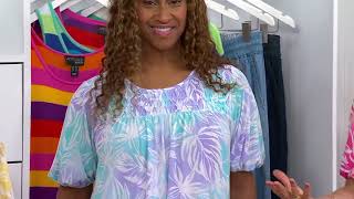 Susan Graver Printed Liquid Knit Blouson Sleeve Top with Smocking Detail on QVC