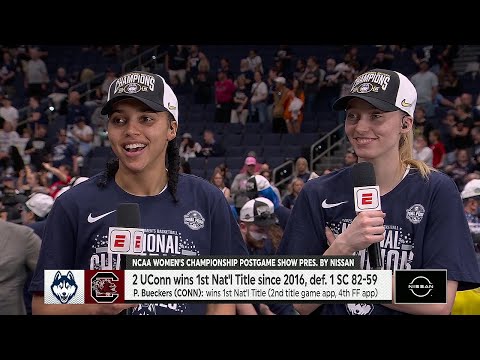 Paige Bueckers, Azzi Fudd, Geno Auriemma, post game after UConn Huskies win National Championship