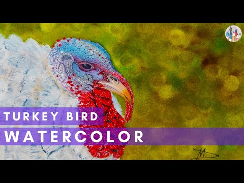 Vibrant Turkey Portrait Painting of a Realistic Turkey Bird in watercolors Bespoke Background