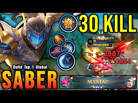 30 Kills + MANIAC!! Saber High Critical Damage (ONE HIT DELETE) - Build Top 1 Global Saber ~ MLBB