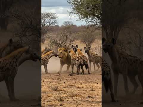 Lion vs. Pack: Incredible Hyena Showdown! #lion #hyena #wildlife #africa #fight #survival #animals