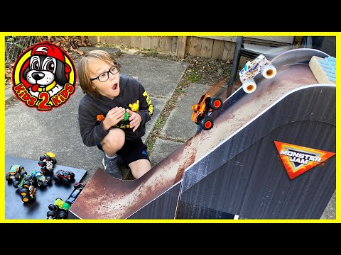 SUPER MEGA Flip Ramp Downhill Monster Truck Race & GIVEAWAY