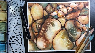 Reverse Stenciling WATERCOLOR & Neurographic Ink Lines - relaxing painting process - 411