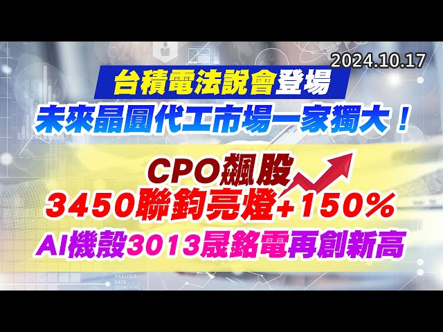 20241017《股市最錢線》#高閔漳 “台積電法說會登場，未來晶圓代工市場一家獨大！”“CPO飆股，3450聯鈞亮燈+150%，AI機殼3013晟銘電再創新高”