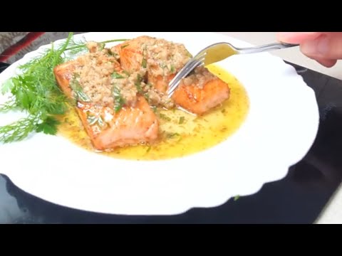 Roast salmon skin-on with mustard-butter sauce. Dinner ideas quick and easy. Juicy salmon.