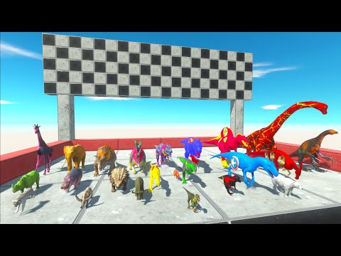 WATER FALL SPEED RACE ALL DINOSAURS VS ANIMALS SUPERHEROS GET TOP 1 - Animal Revolt Battle Simulator