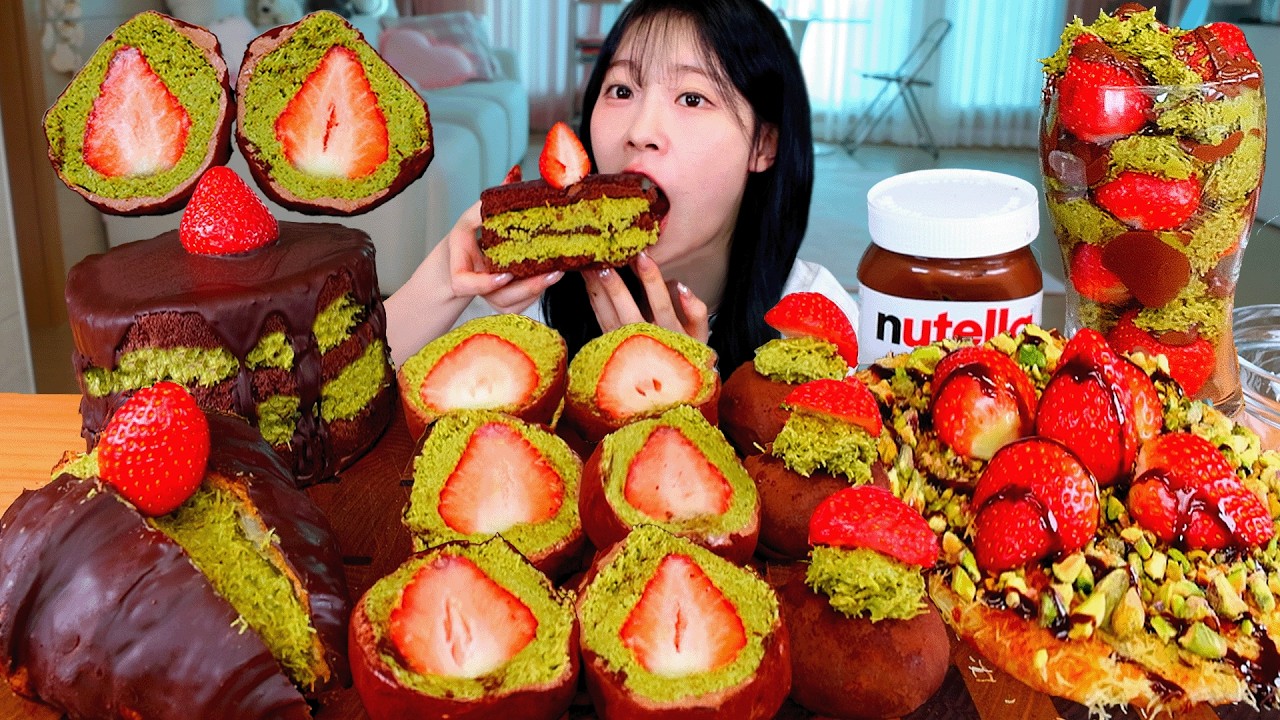 ASMR MUKBANG| 딸기 두바이 초콜릿 디저트 두바이 쫀득쿠키 케이크 쿠바나 먹방 & 레시피 STRAWBERRY DUBAI CHOCOLATE 