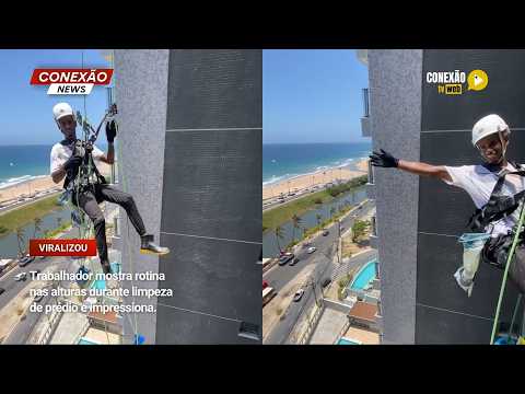 Vídeo: Trabalhador mostra rotina nas alturas durante limpeza de prédio e impressiona.