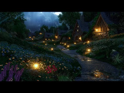 Hobbit Village Ambience🌙Night Rain & Thunders Sounds, Calming Nature Sounds, Wind Chimes, Crickets