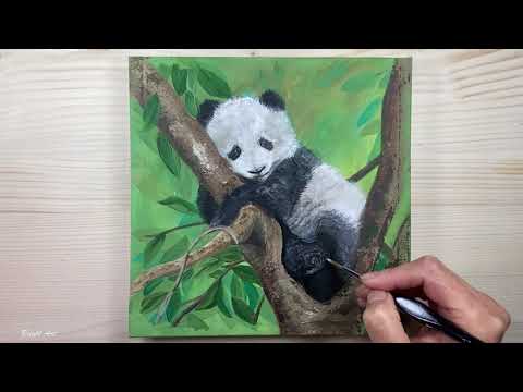 Hug Me!/ Cute Baby Panda /Painted By Fan Brush/ Easy Acrylic Painting For Beginners #18