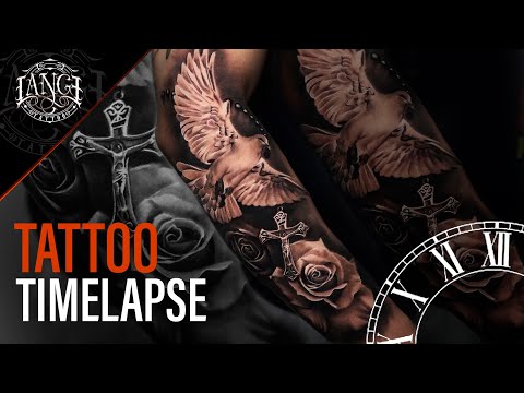 Tattoo Timelapse: Realism in Black and gray – Dove, roses and cross, Classic tattoo