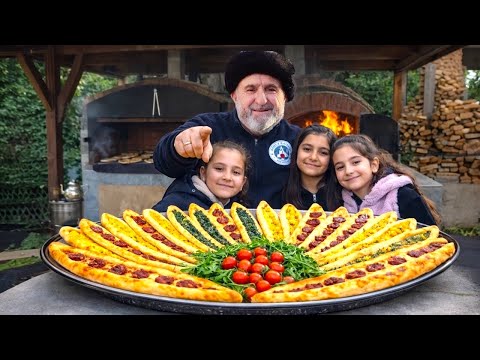 Turkish pide. Wood fire. Family. ASMR Cooking