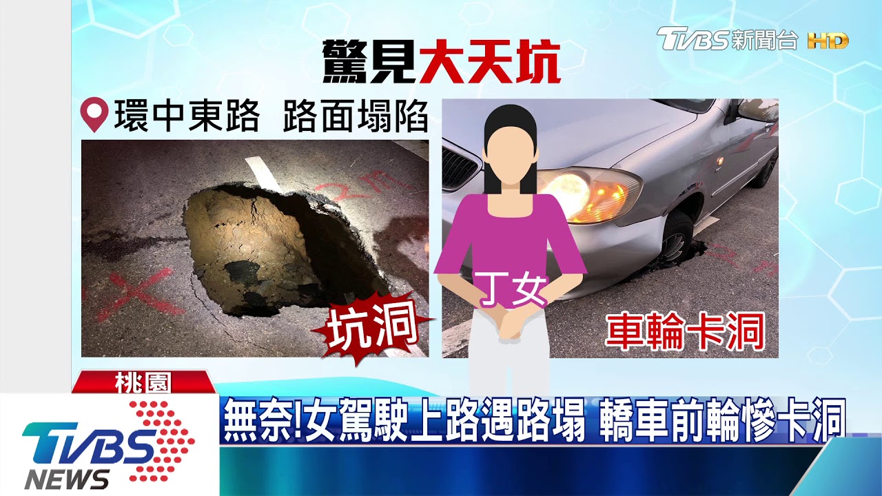 無奈!女駕駛上路遇路塌 轎車前輪慘卡洞