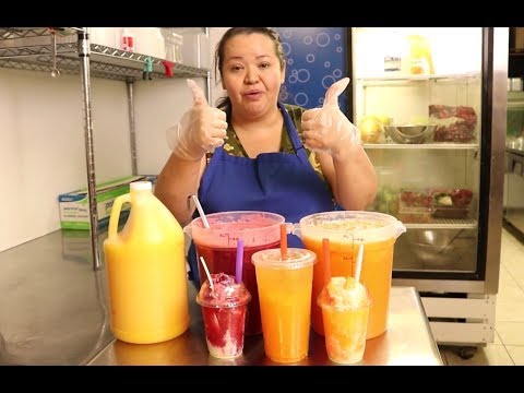 Fresh and natural fruit syrups: strawberry, melon, and mango, style 8A