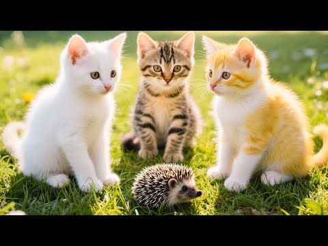 Cat playing with baby hedgehog in the meadow - Cat video - Cat meowing