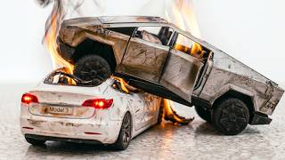Crash Test of Tesla Model 3 VS Tesla Cybertruck 😫 - TESLA Diecast Durability Test