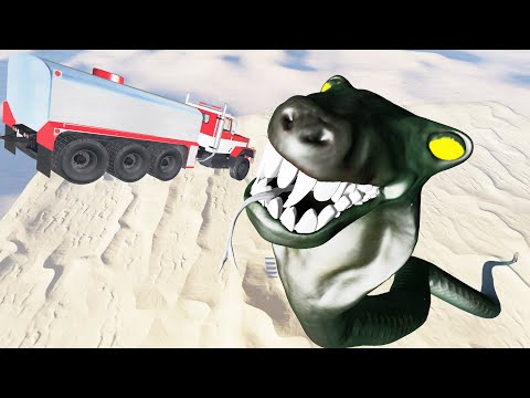 Jumping Cars into the Mouth of a Giant Mutant Snake - BeamNG.Drive