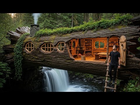 Building a Warm and Cozy Home, in the Log of a Fallen spruce on Waterfall-  Secret Bridge Bushcraft!