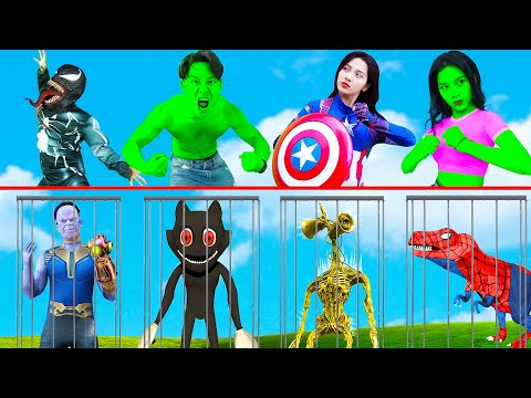 Superheroes VS Cartoon Cat, Spider T-Rex In Jail - BigGreenTV
