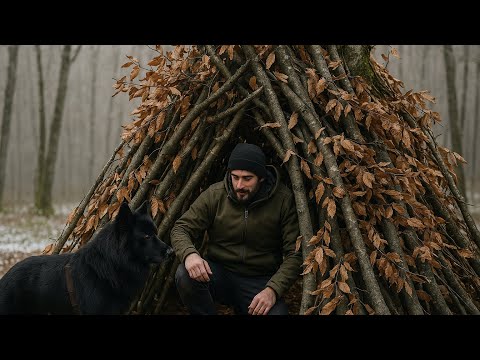 Survival in the Forest: The Man and the Dog by the Homemade Tent