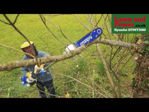 In action the HYMT5080 Petrol Multi-Tool - Hedge Trimmer / Brush Cutter / Chainsaw from Hyundai