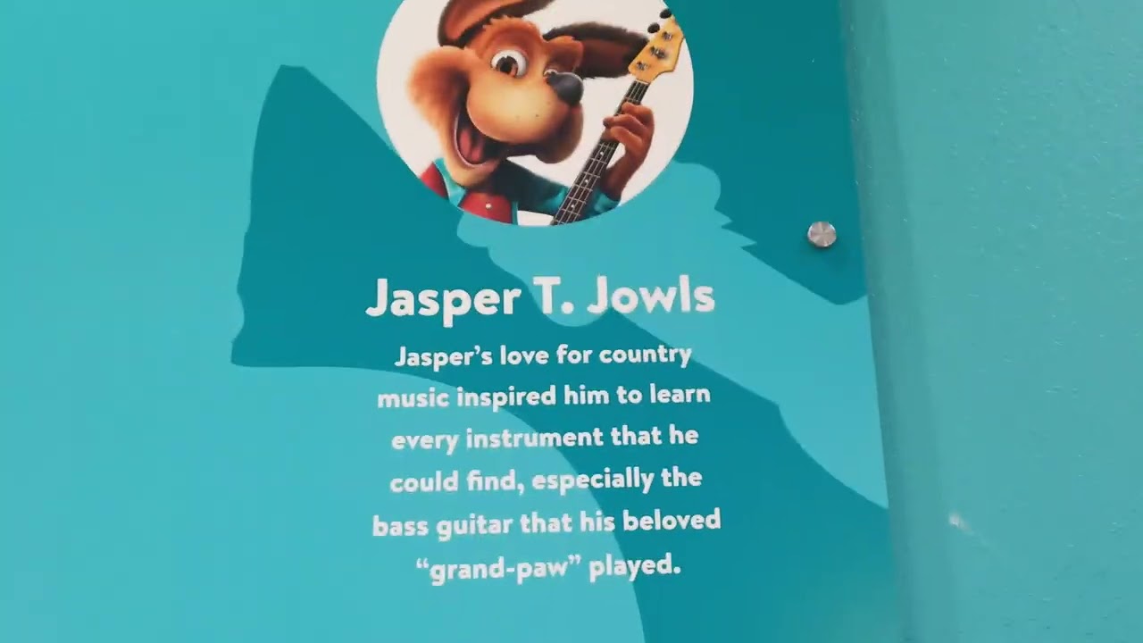 Reading the character posters at Chuck E Cheese