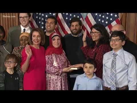 Islamic Sharia Law Muslim USA congress women sworn in on Quran 1 wearing Hijab January 2019 News Video