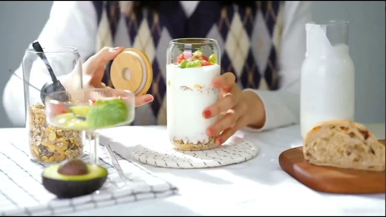 Vasos De Vidrio Con Tapas De Bambú Y Pajitas 4 Pcs